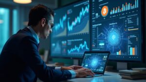 Bank executive reviews a loan collateral dashboard with BTC and ETH holograms, real-time risk metrics, and custody controls.