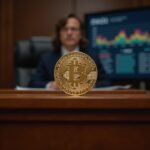 Courtroom scene with a prominent BTC emblem on the stand and a digital tax panel in the background
