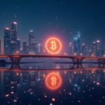 Futuristic skyline in Kazakhstan with the digital tenge and Evo connected to merchants; blockchain between banks and wallets.
