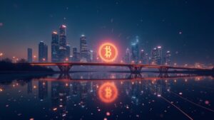 Futuristic skyline in Kazakhstan with the digital tenge and Evo connected to merchants; blockchain between banks and wallets.