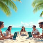 Diverse Kraken team on a Caribbean beach working on laptops, with banners emphasizing IPO and cohesion.