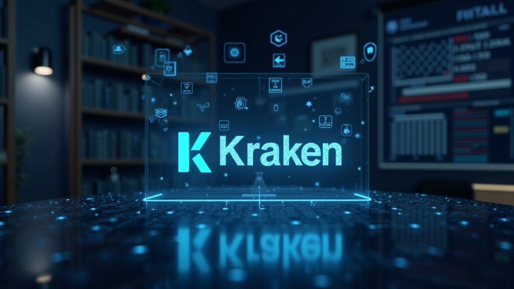 Kraken and Small Exchange logos on a desk, U.S. flag and holographic futures data; muted CFTC scales.