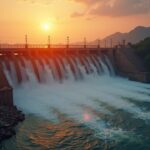 Hydroelectric dam in Laos at sunset, digital coins flowing toward a financial dashboard.