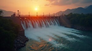 Hydroelectric dam in Laos at sunset, digital coins flowing toward a financial dashboard.
