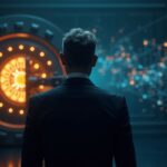 Senior fund manager in front of an illuminated crypto vault, with a digital ETF chart and blockchain network.