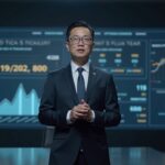 Li Lin, founder of Huobi, in a suit in a boardroom, with ETH holograms and a $1.000 million treasury dashboard.