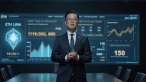 Li Lin, founder of Huobi, in a suit in a boardroom, with ETH holograms and a $1.000 million treasury dashboard.