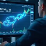 Crypto trader in a newsroom watches a LINK chart 8% below support, holographic Chainlink logo and BUYBACK.