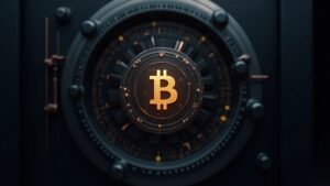 Government vault or trading screen with a Bitcoin icon, symbolizing institutional adoption in the Eurozone