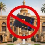 Parliament of Malta with a crypto wallet and the Binance logo, red prohibition overlay.