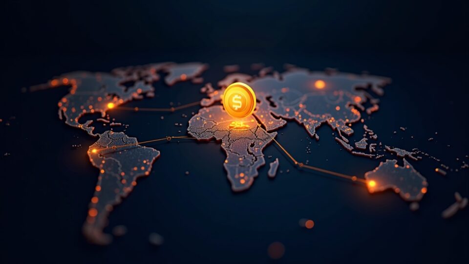 Mantle network map with brilliant liquidity flows, USD1 icon, secure vault, and rising price graph