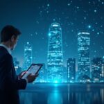 Analyst examines transparent ledgers in front of a city of blockchain nodes, symbolizing crypto maturation and regulation.