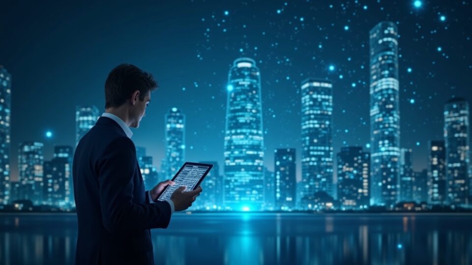 Analyst examines transparent ledgers in front of a city of blockchain nodes, symbolizing crypto maturation and regulation.