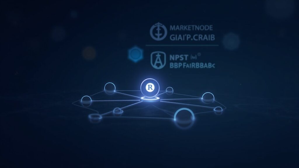 Token icon over a multi‑chain network with Marketnode Gateway; Maybank and BNP Paribas branding.