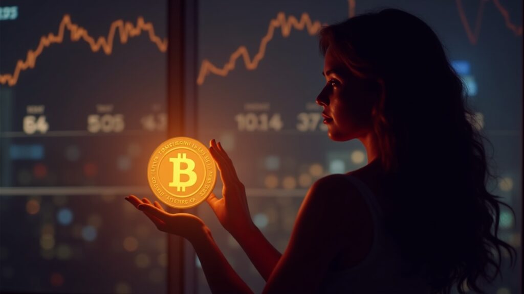 Photorealistic photograph of an influencer silhouette displaying MELANIA, memecoin, with on-chain charts and rugpull.