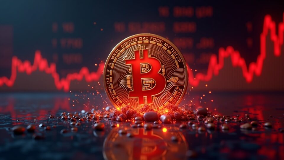 Photorealistic image: central meme coin logo falling, red chart and Bitcoin glow, crypto newsroom-style aesthetic.