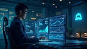 Photorealistic central trader with ENA and USDe charts on a dashboard; MEXC Ventures logo in the background.