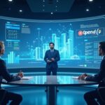Analyst in a news room with a holographic Microsoft/OpenAI chart and Azure datacenters in the background, facing regulatory pressure.