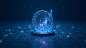 Hologram of the MNT token with an ascending price chart, RSI and open interest panels, blue blockchain network background.