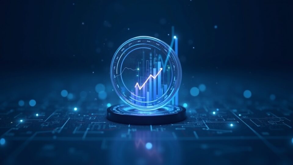 Hologram of the MNT token with an ascending price chart, RSI and open interest panels, blue blockchain network background.