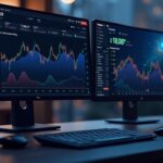 Crypto trading desk with MON-USD perpetuals interface and the glow of the Monad airdrop in the background.