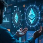 Analyst in a newsroom observes holographic Solana and Ethereum NFT logos converging on the MON emblem
