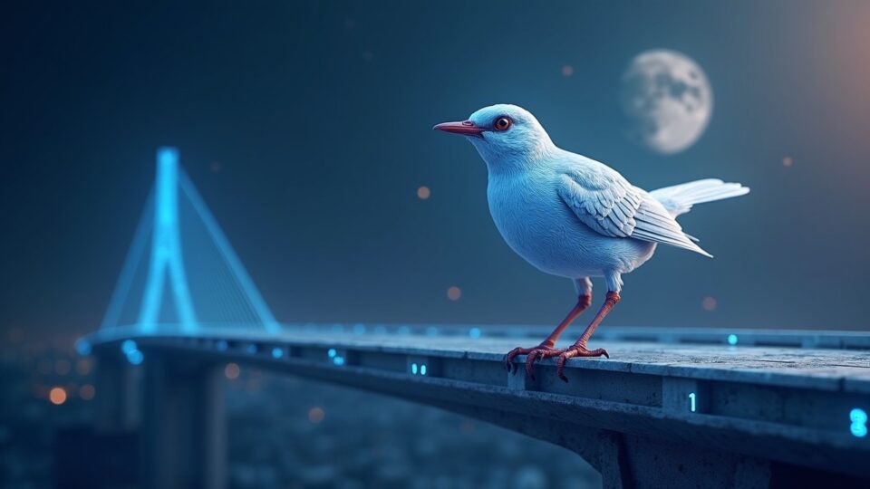 Moonbirds BIRB perched on a cybernetic bridge with Solana branding, BIRB glyph rising, launch signal.