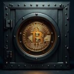 Photorealistic Bitcoin vault with 3-of-5 signature control; five signatories surround a secure wallet, in front of a Swiss bank.