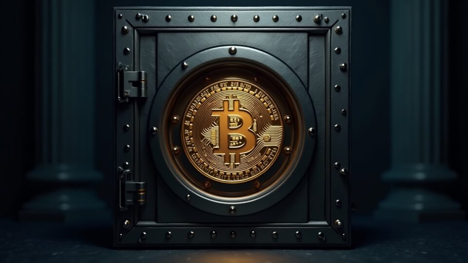 Photorealistic Bitcoin vault with 3-of-5 signature control; five signatories surround a secure wallet, in front of a Swiss bank.