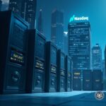Realistic montage with the Nasdaq building, blockchain nodes and opaque DTC vaults, Ondo and SEC logos in the foreground.