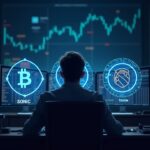 Trader in a newsroom with screens: Bitcoin falling and altcoin season rising; holographic icons of Sonic, Stacks and Bittensor.
