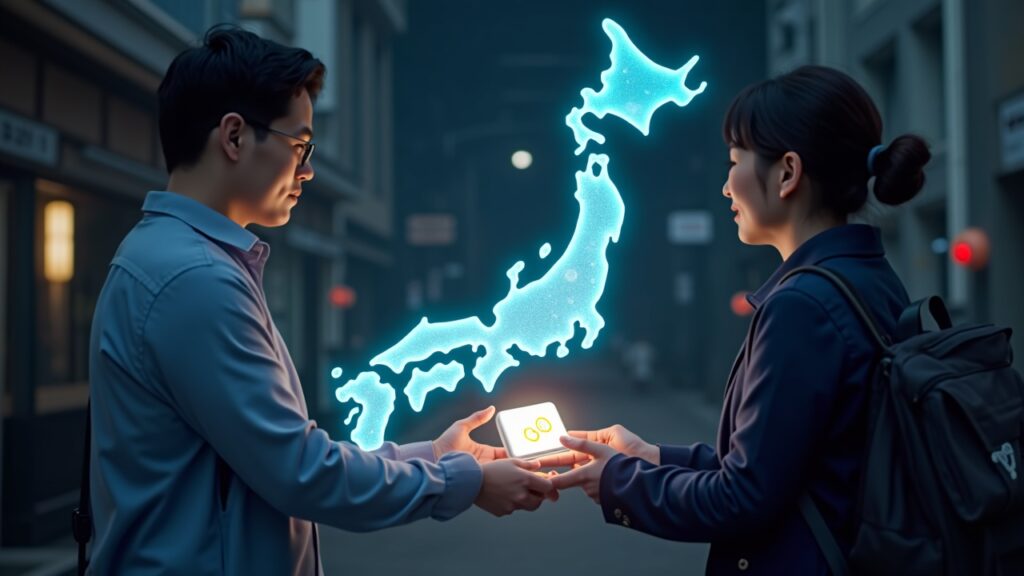 Japanese local official hands a glowing NFT to a tourist, with a holographic map of Japan and XRP Ledger visuals