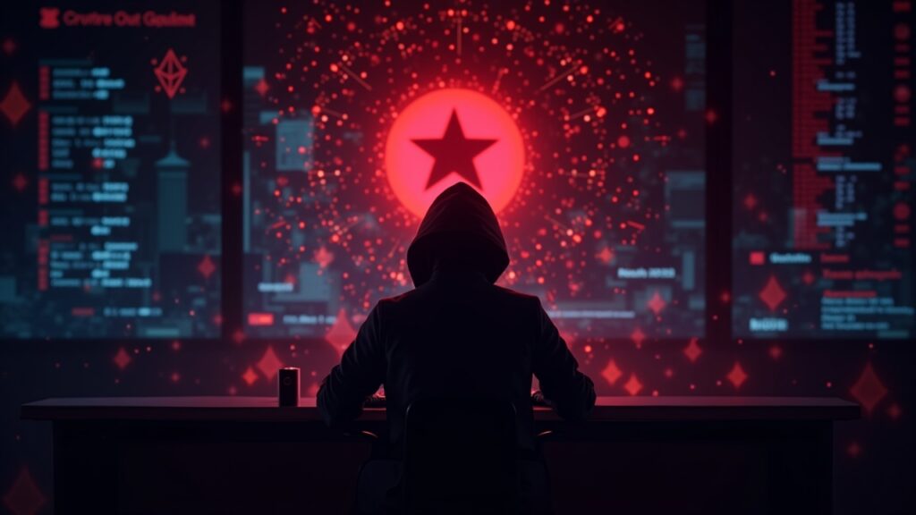 silhouette of a hacker in front of a glowing console, flows of ether and blockchain nodes; red alert for a $2 billion theft