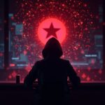 silhouette of a hacker in front of a glowing console, flows of ether and blockchain nodes; red alert for a $2 billion theft