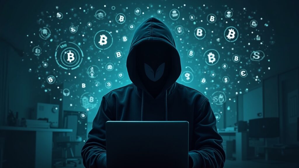 Silhouette of a hooded hacker with blockchain glyphs dissolving toward Tornado Cash, journalistic background.