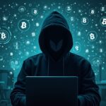 Silhouette of a hooded hacker with blockchain glyphs dissolving toward Tornado Cash, journalistic background.