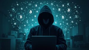 Silhouette of a hooded hacker with blockchain glyphs dissolving toward Tornado Cash, journalistic background.