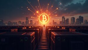 Photorealistic scene: Bitcoin mining farm, urban skyline, silhouette of a regulator and illuminated decentralized network.