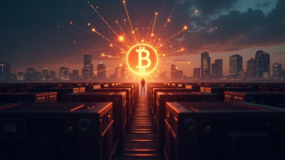 Photorealistic scene: Bitcoin mining farm, urban skyline, silhouette of a regulator and illuminated decentralized network.