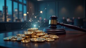 Courtroom in New York with a gavel and holographic crypto tokens; skyline in the background, asset freeze theme.