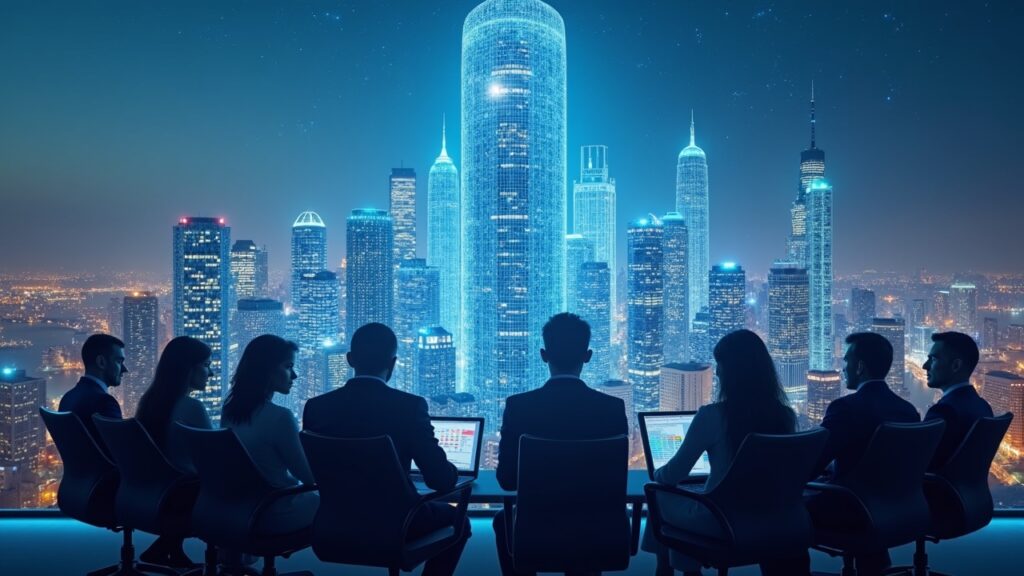 NYC skyline with a glass tower surrounded by a blockchain network; diverse panel analyzes policy charts.