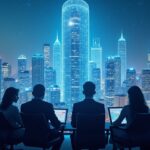 NYC skyline with a glass tower surrounded by a blockchain network; diverse panel analyzes policy charts.