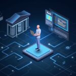 Photorealistic figure connecting bank data with a crypto exchange via an illuminated API, symbolizing open banking.