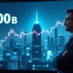 Business executive in front of a digital display showing the valuation of 500 mil millones de OpenAI alongside a futuristic urban skyline.