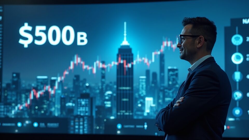 Business executive in front of a digital display showing the valuation of 500 mil millones de OpenAI alongside a futuristic urban skyline.