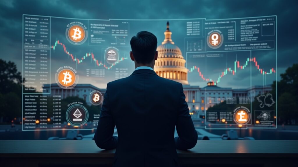 Suit-clad operator in front of an ETF panel with Bitcoin and Ethereum, Capitol in the background and stormy sky