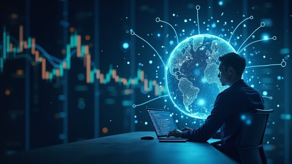Operator at a modern desk, holographic liquidity and AMM networks converge in a globe, symbolizing decentralized liquidity