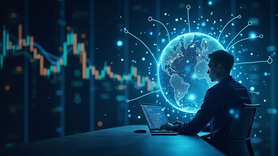 Operator at a modern desk, holographic liquidity and AMM networks converge in a globe, symbolizing decentralized liquidity