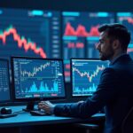 Trading desk in a news room, screens with Oracle, red charts of Bitcoin and cryptocurrencies, in a blue environment.