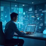 Corporate fintech executive at a bank desk, holographic charts of fiat and crypto and API data streams in the cloud.